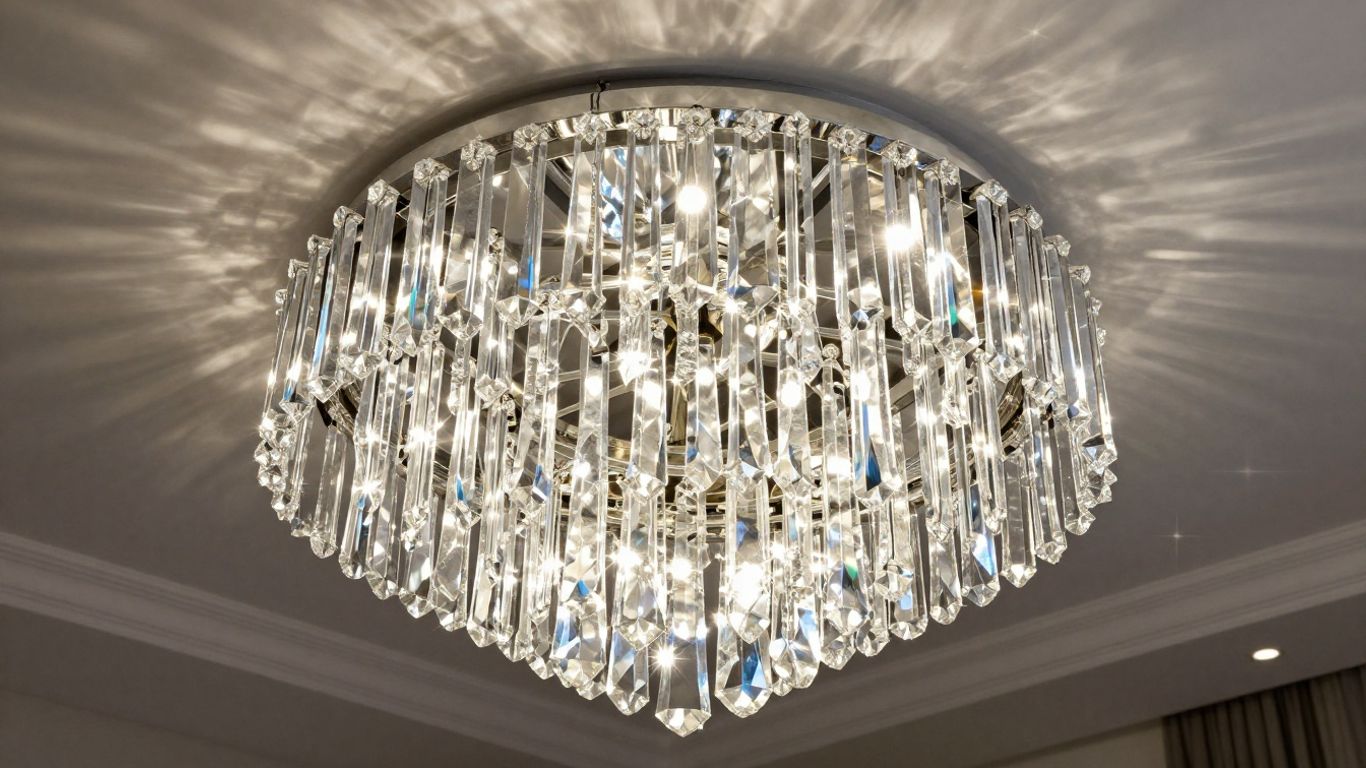 Elegant crystal ceiling light fixture sparkling in a room.