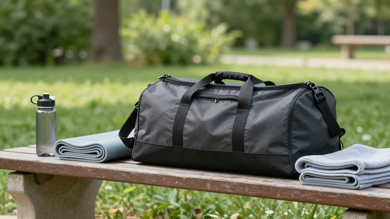 Foldable yoga mat packed beside a travel bag