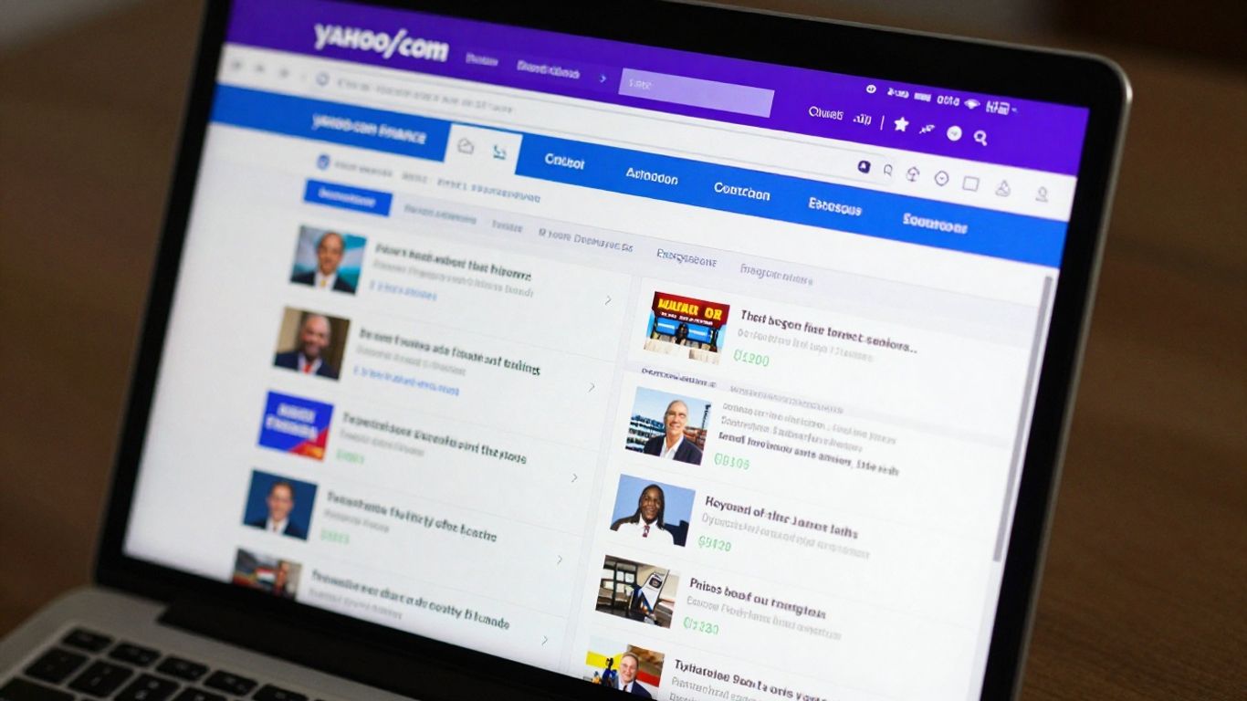 Yahoo.com Finance homepage on a laptop screen.