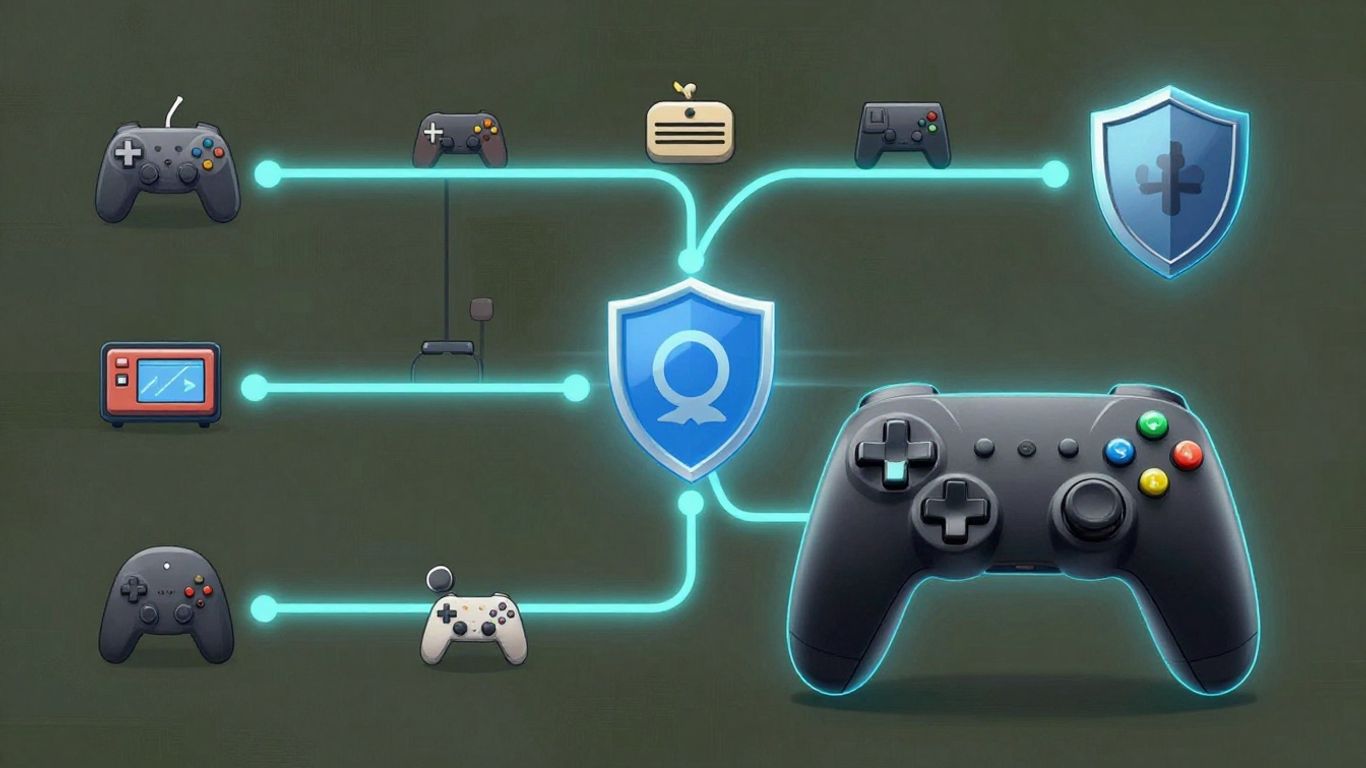 Video game controller with connection lines and shield icon.