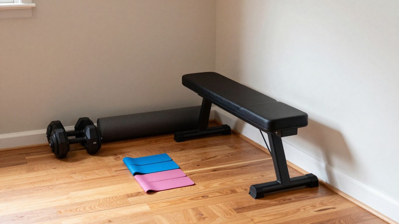 Compact home workout equipment beside a clear floor area