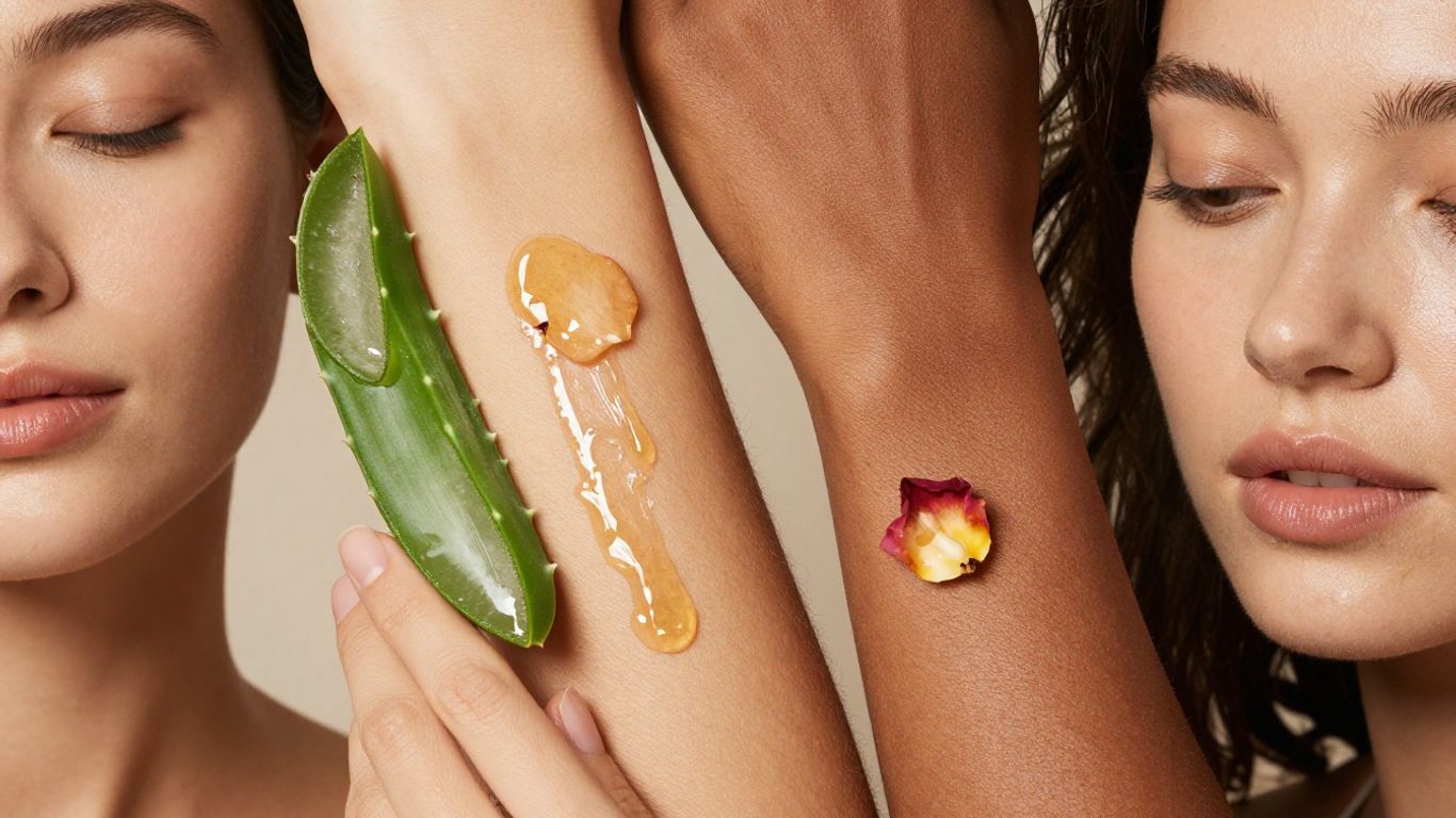 Diverse skin tones with natural ingredients for radiant skin.