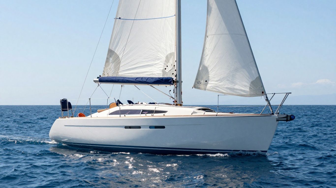 Used small yacht sailing on blue water.