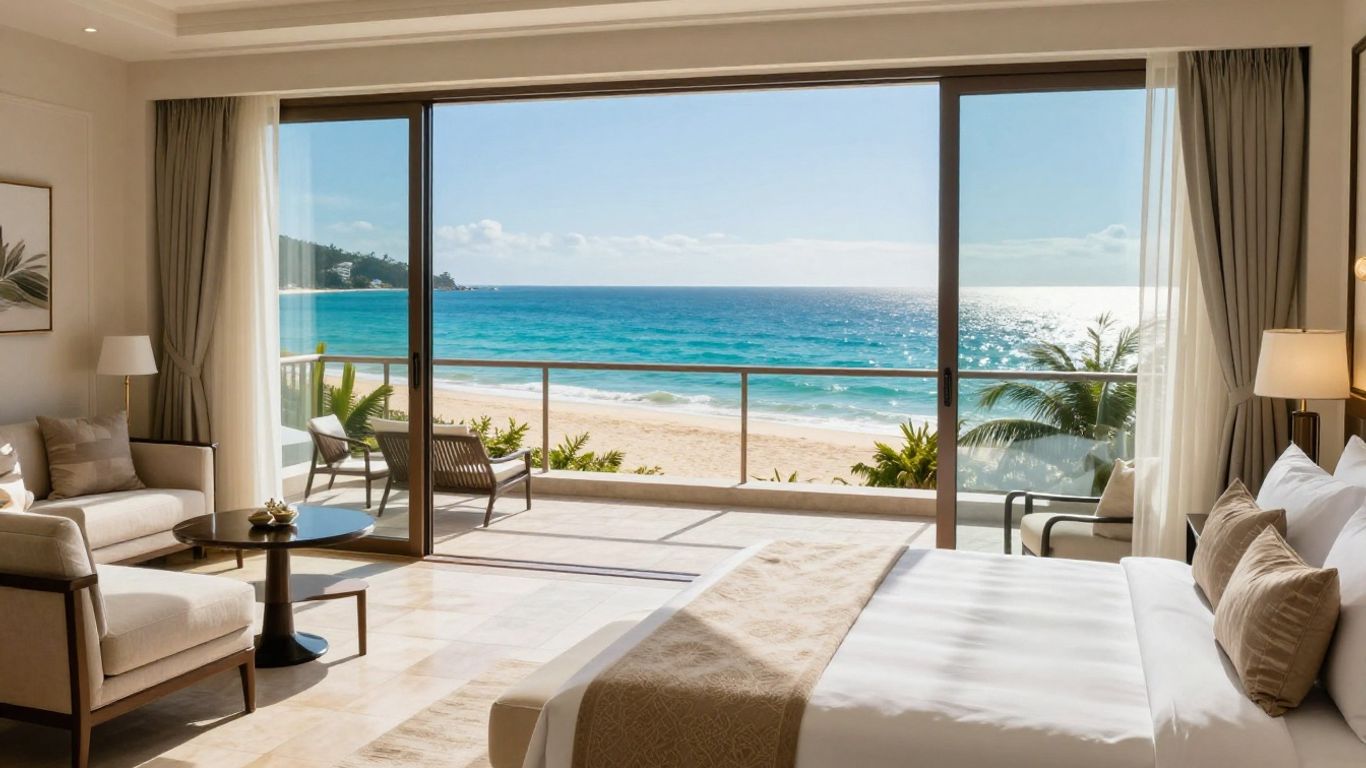 Ocean view from a luxury hotel room balcony.