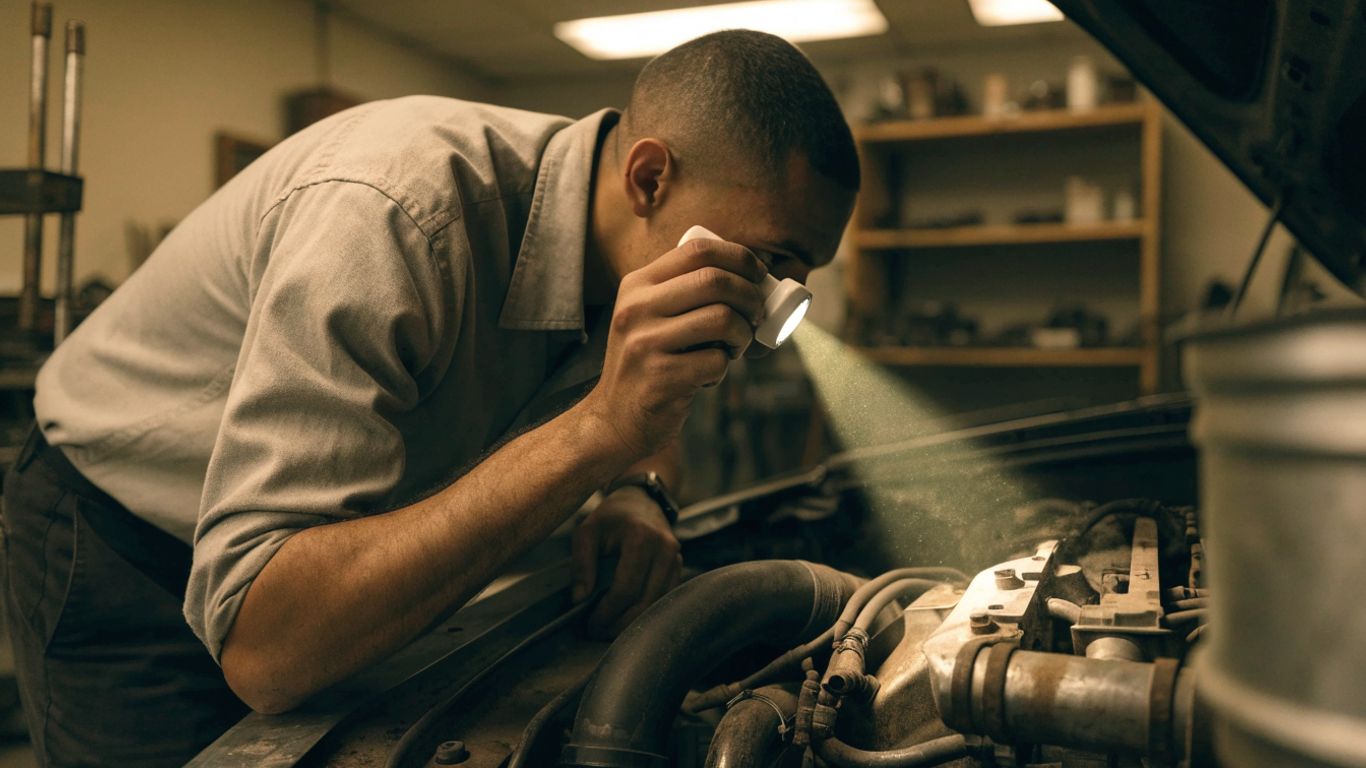 Mechanic inspecting engine components in workshop