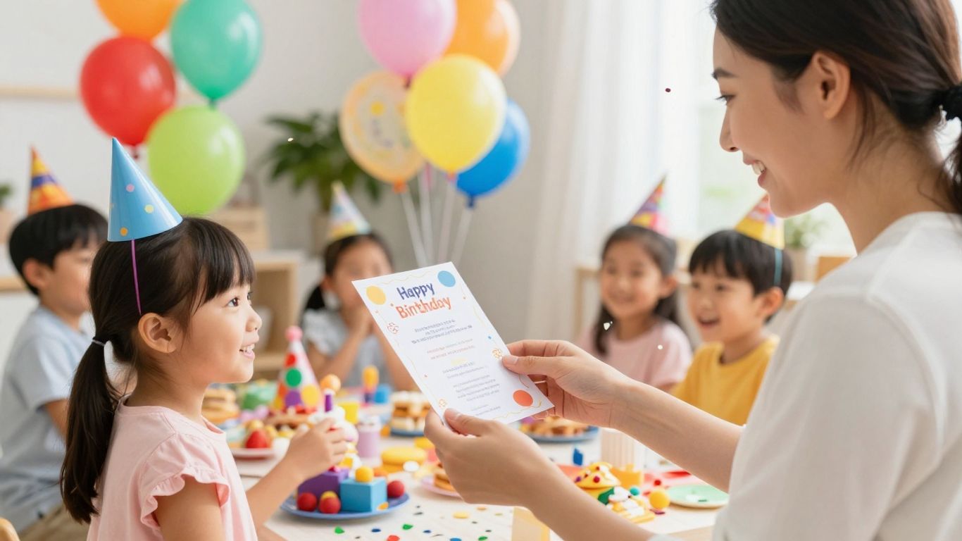 Parent giving child a birthday party invitation.
