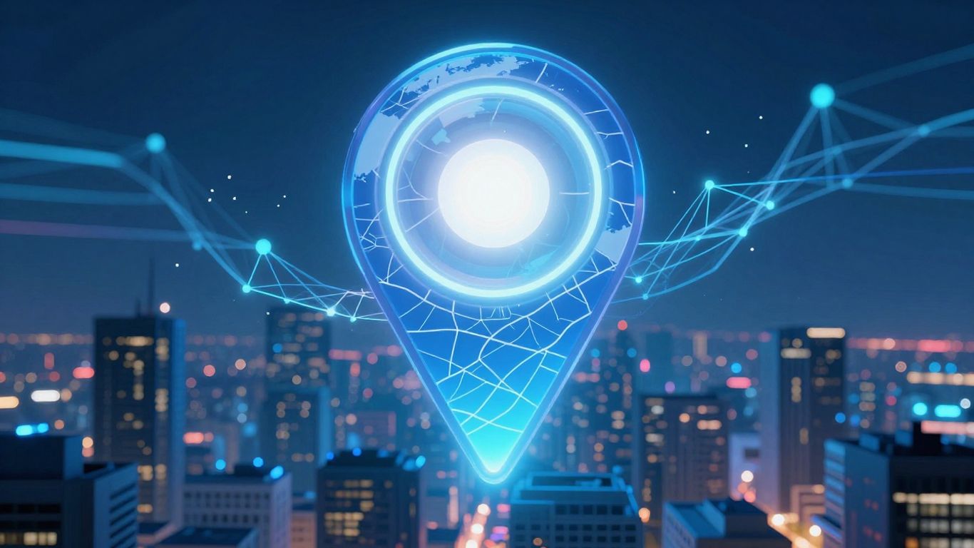 Google Map pin above city, digital data streams
