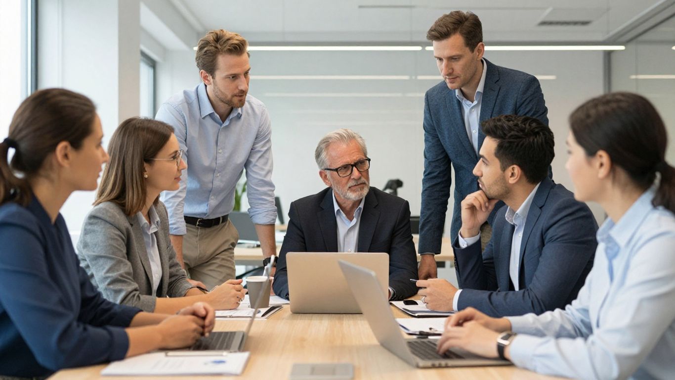 Menschen im Büro diskutieren über Datenanalyse.