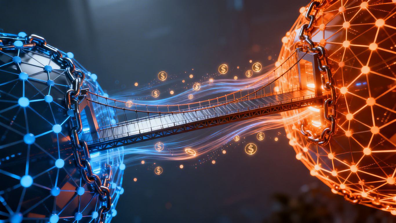 Digital bridge connecting blockchain networks, illustrating asset transfer.