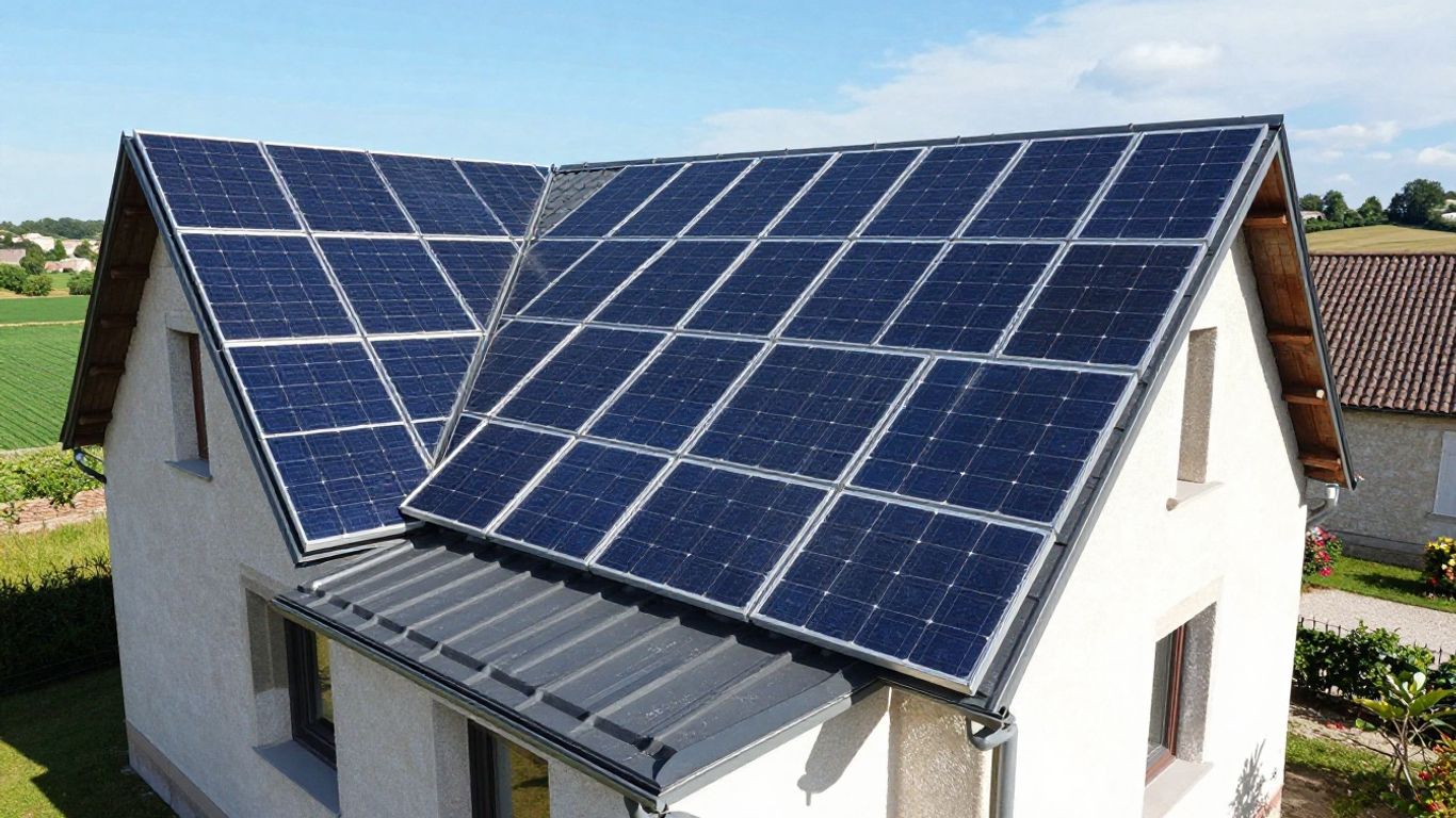 Zonnepanelen op het dak van een modern Frans huis.