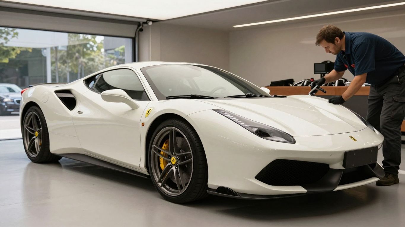Exotic car in a secure garage with mechanic.