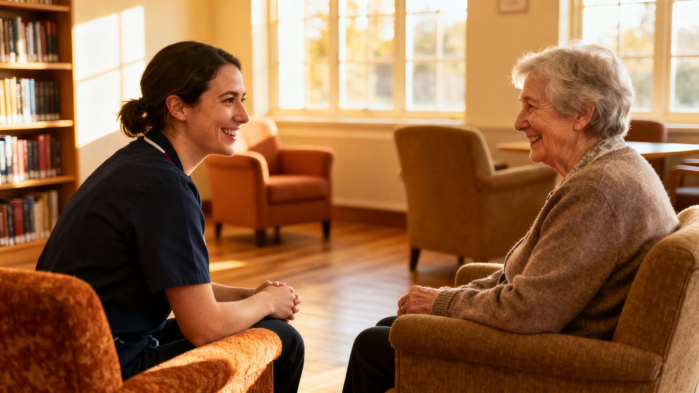 A supportive support worker having a gentle conversation with an older gentleman in a tidy, warmly lit common room