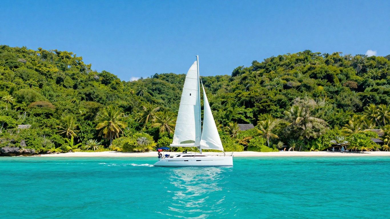 Sailboat on turquoise water near Abacos islands.