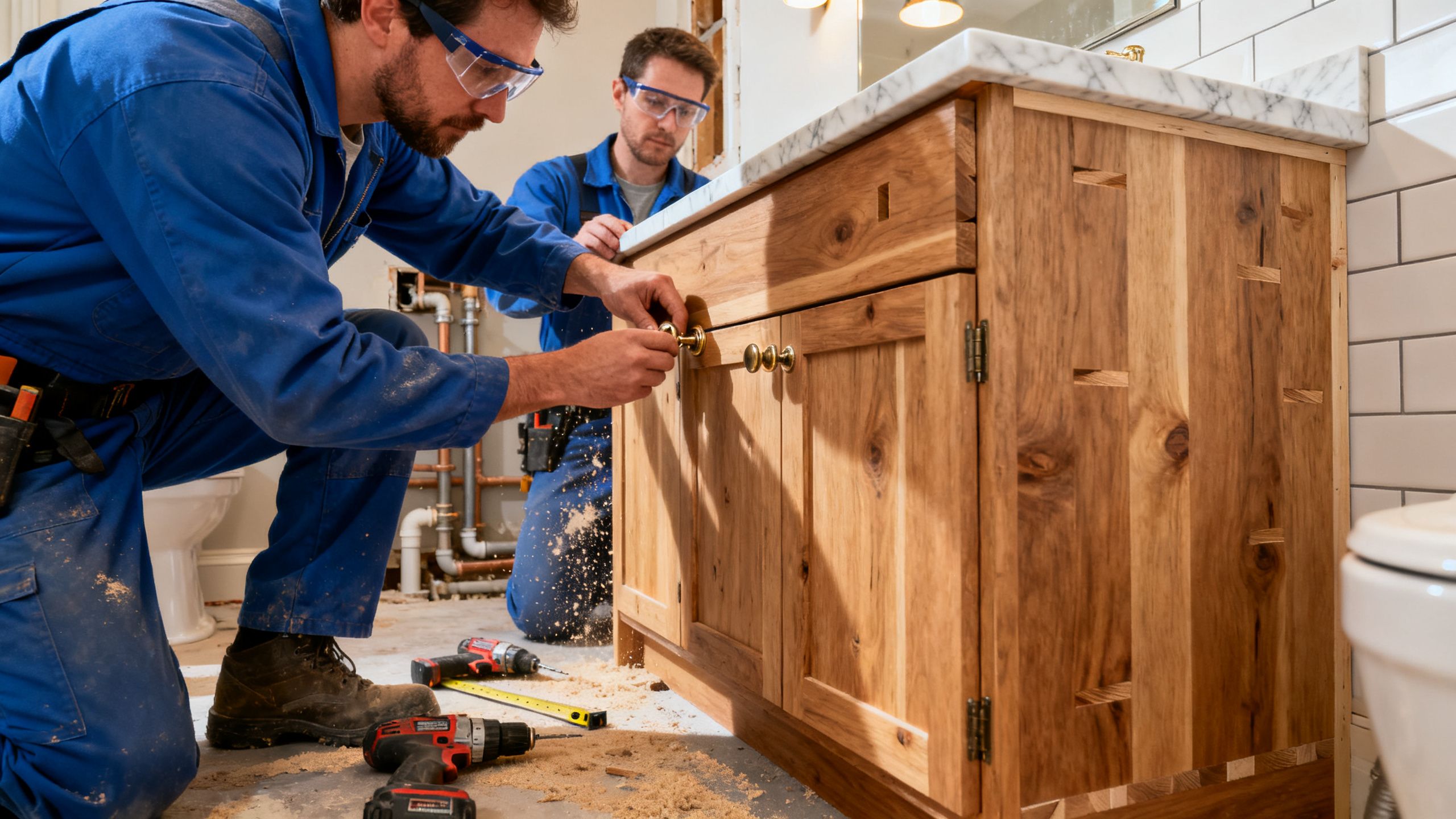 Skilled carpenters installing a custom-built wooden vanity in a bathroom undergoing renovation in a Toronto home.