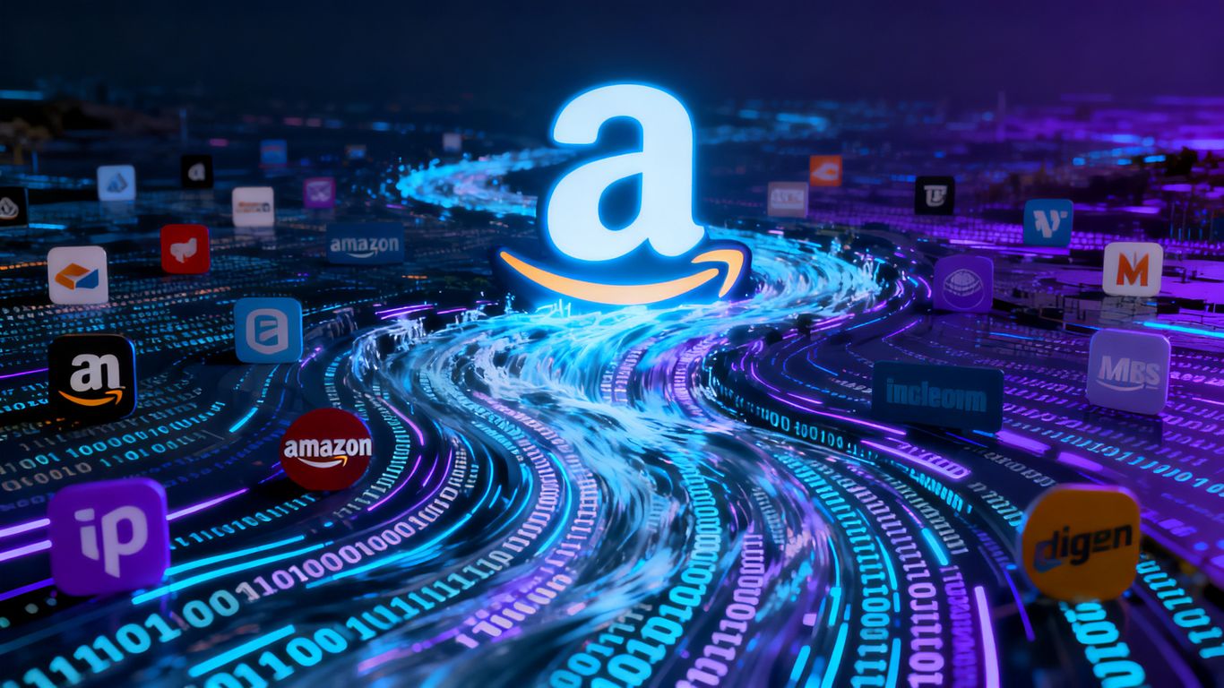 Amazon logo flowing into rival company logos.
