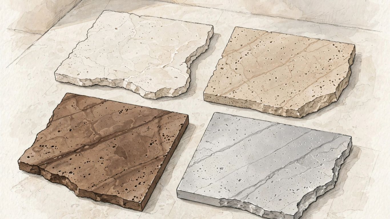 Illustrated travertine tile samples in warm natural tones