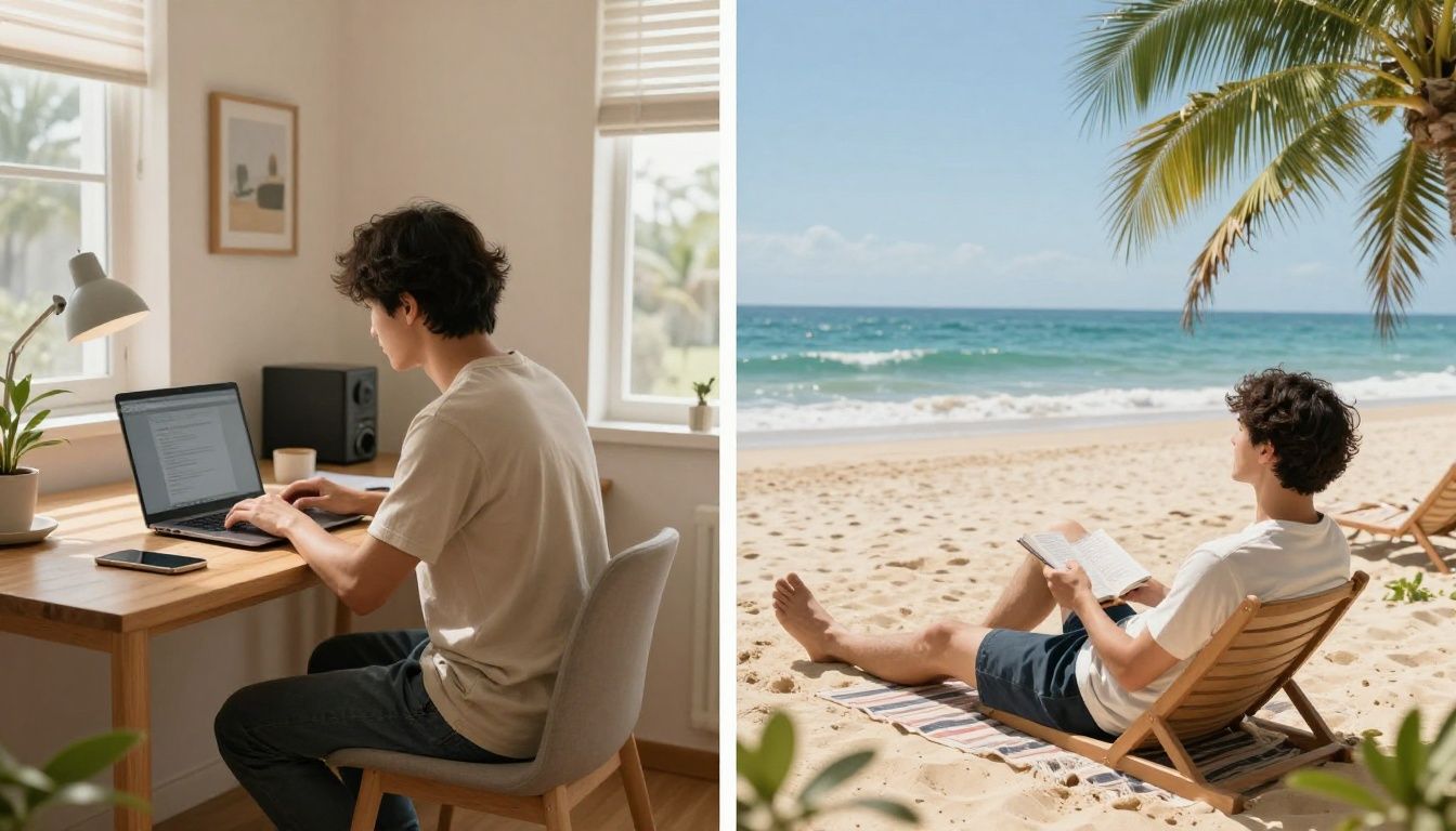 Person working on laptop transitions to relaxing on a beach.