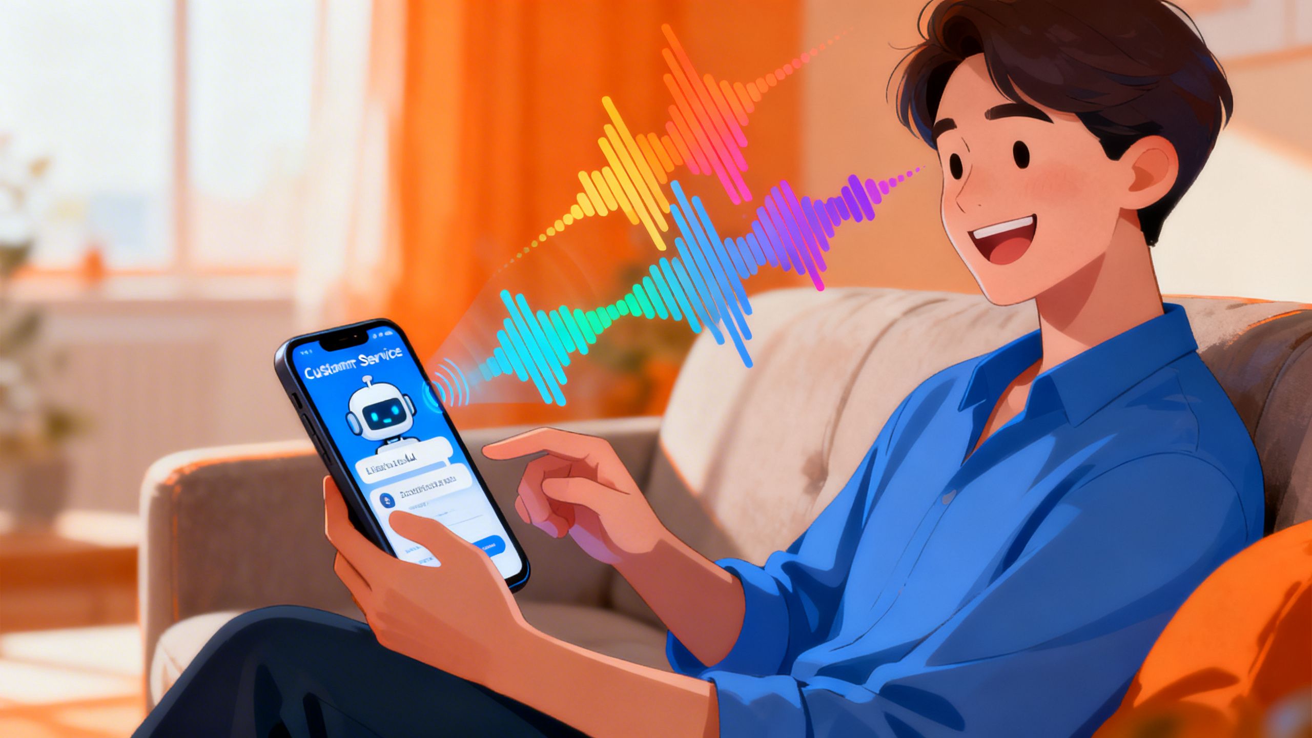 A customer happily interacting with a customer service chatbot on a smartphone, with expressive soundwaves coming from the phone, demonstrating effective LLM-based text-to-speech.
