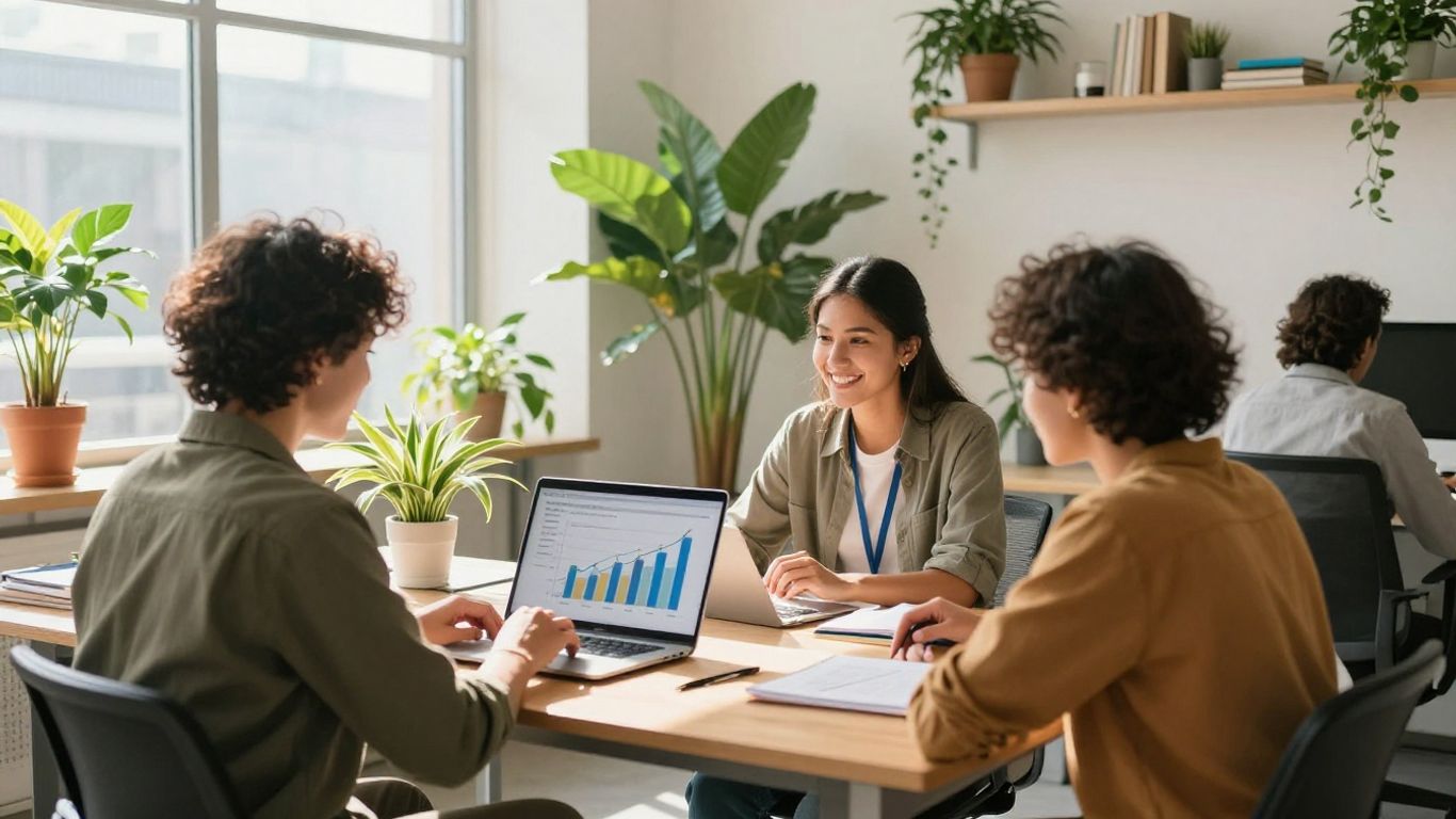 Business team collaborating in a modern office with growth chart.