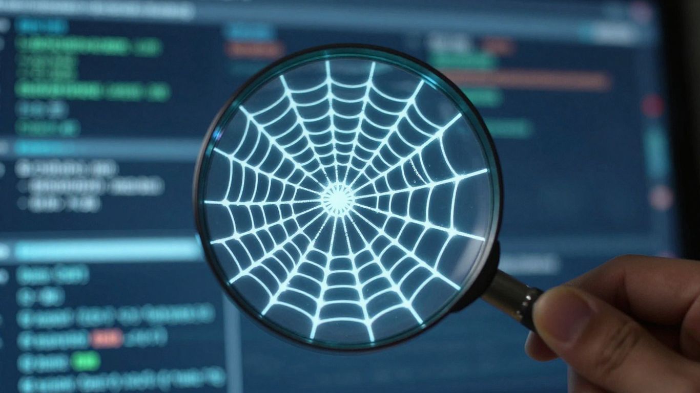 Spiderweb with magnifying glass, digital data background.