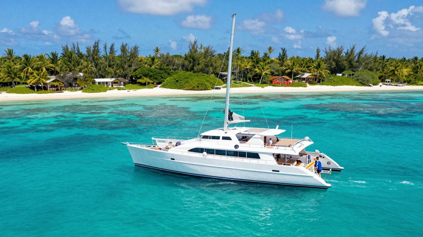 Catamaran sailing in clear turquoise Bahamian waters near islands.