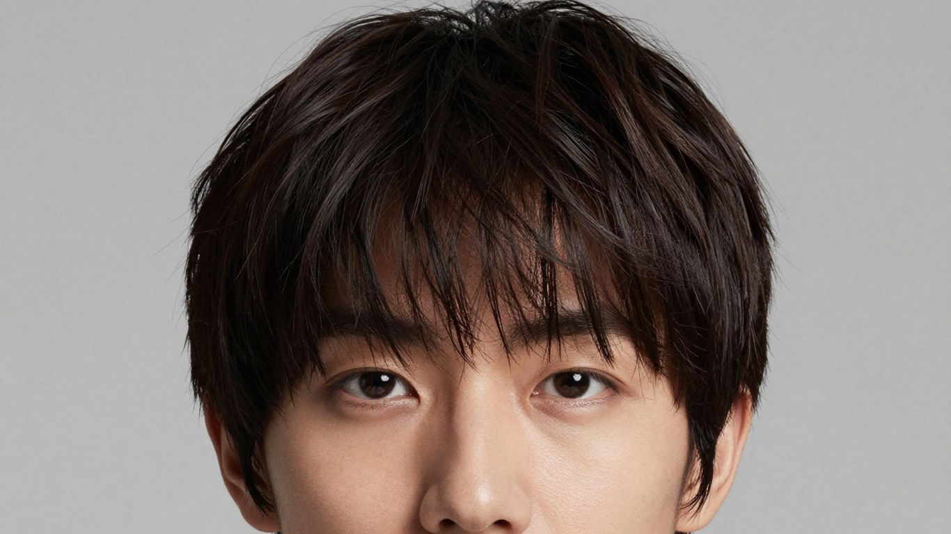 Man with stylish bangs and clean haircut.