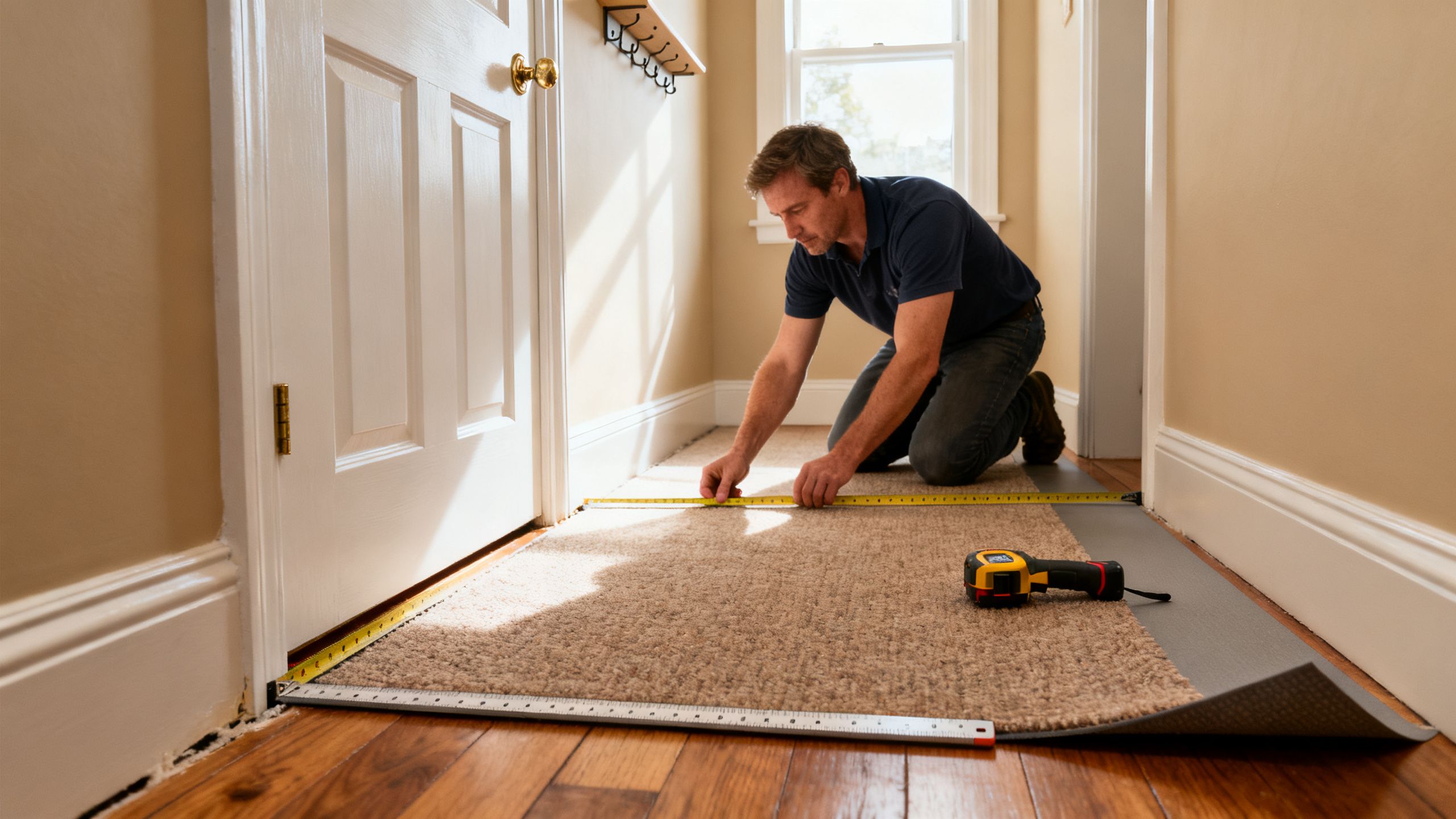 A homeowner checking door clearance and carpet underlay thickness before a new carpet fitting in a Bristol hallway