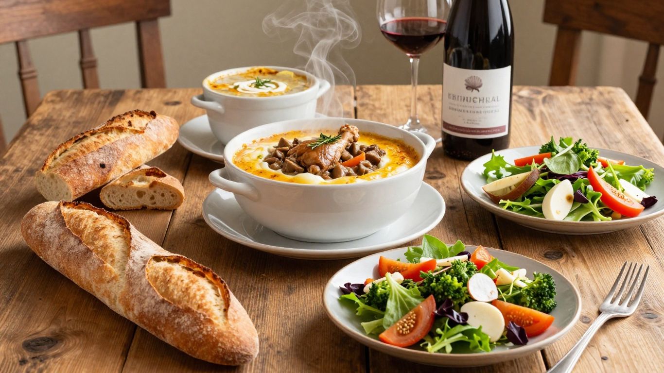 Classic French dishes on a rustic table.