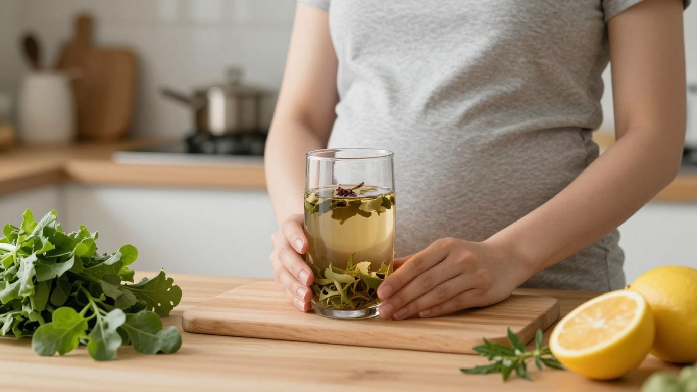 Pregnant woman with herbal shake and fresh fruits
