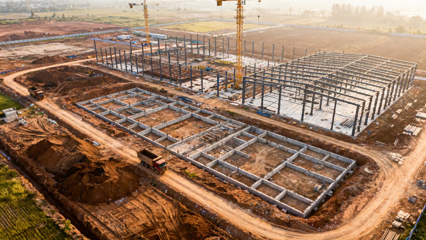 Aerial construction site with visible work zones