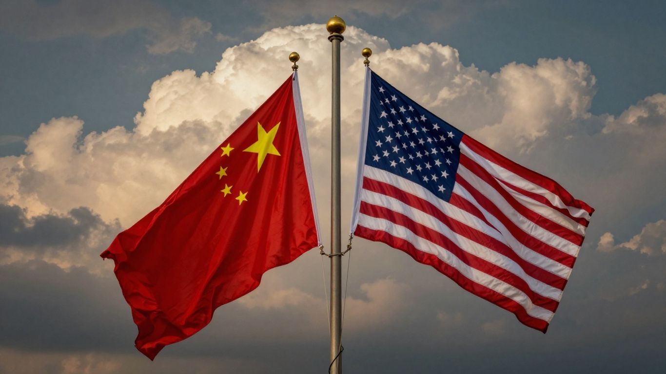 US and China flags in a tense, cloudy setting.
