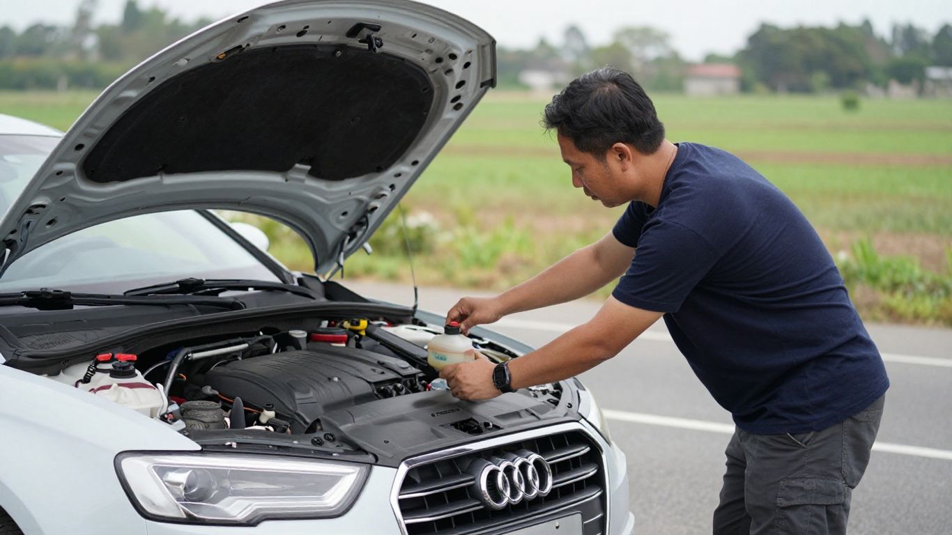 Driver checking steering fluid beside a parked car