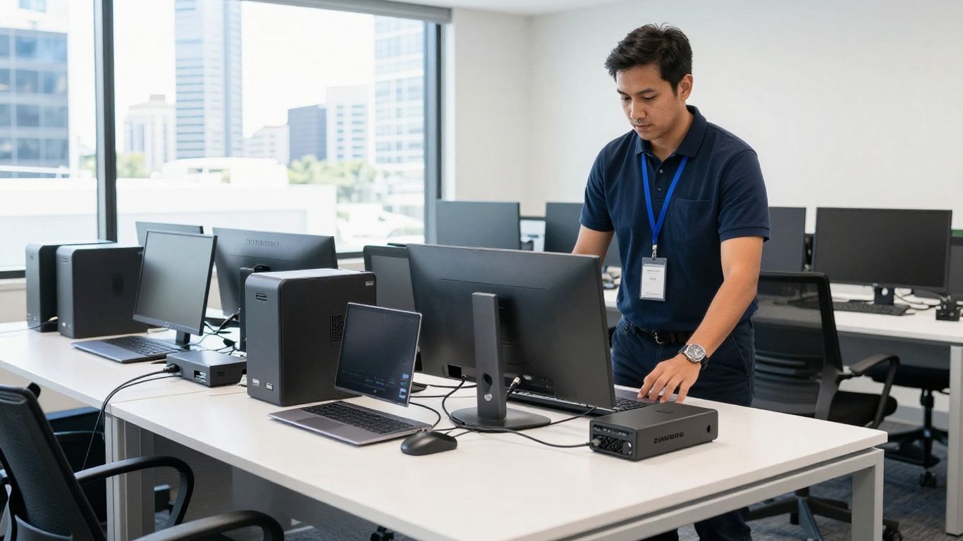 Technician preparing business laptops for secure deployment