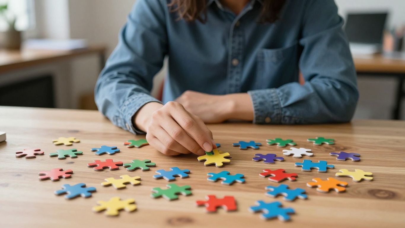 Person with ADHD contemplating puzzle pieces.