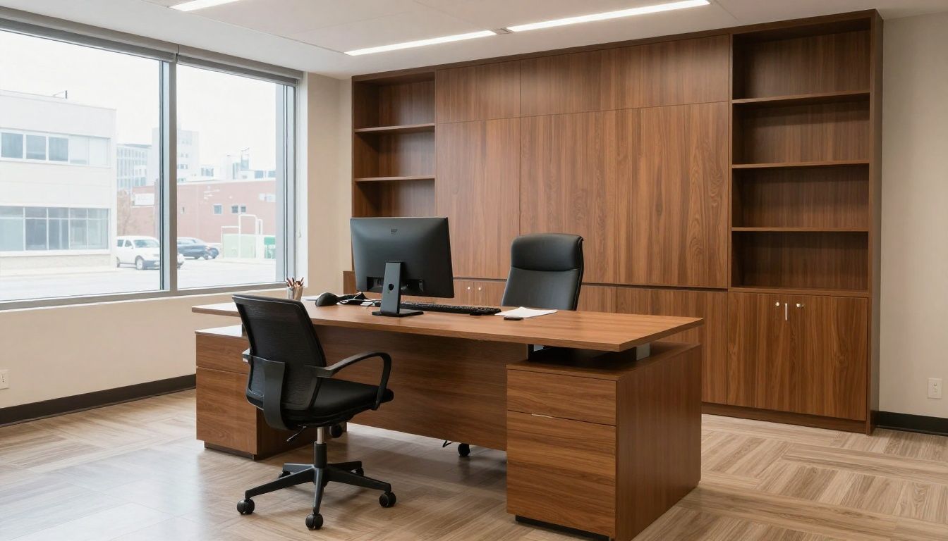 A spotless small business office in the Chicago suburbs with clean desks, sanitized common areas, and polished floors