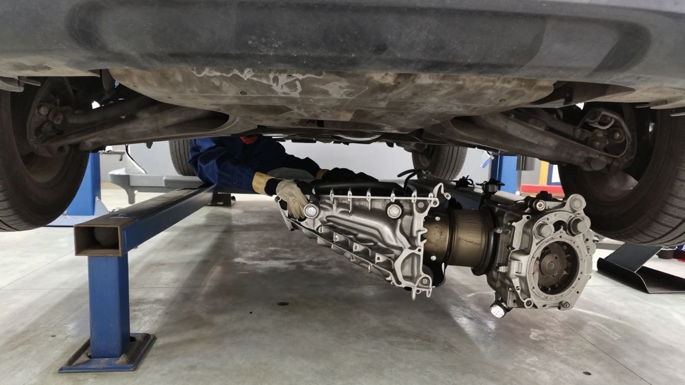 Technician inspecting a vehicle gearbox underside