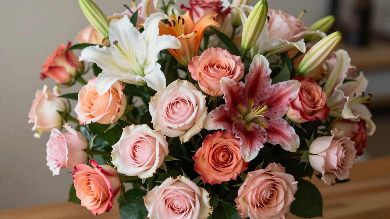 Stunning floral bouquet with vibrant roses and lilies.