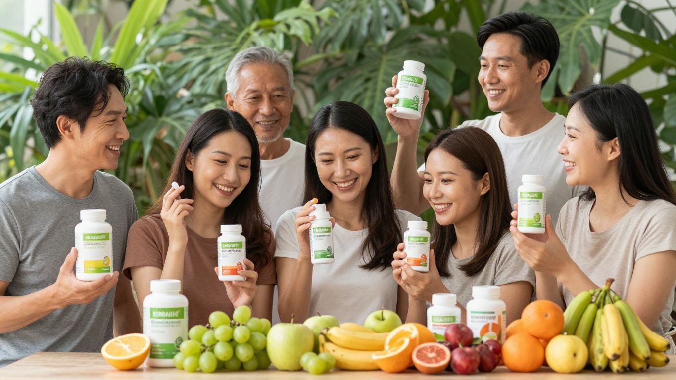 People holding Herbalife multivitamins with fresh fruits outdoors.