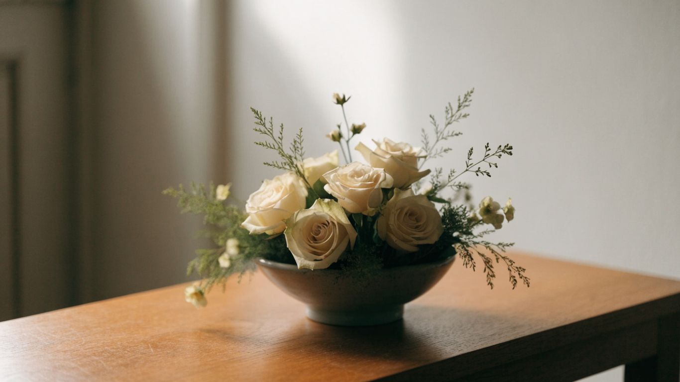 A restrained floral tribute in soft neutral colors on a table