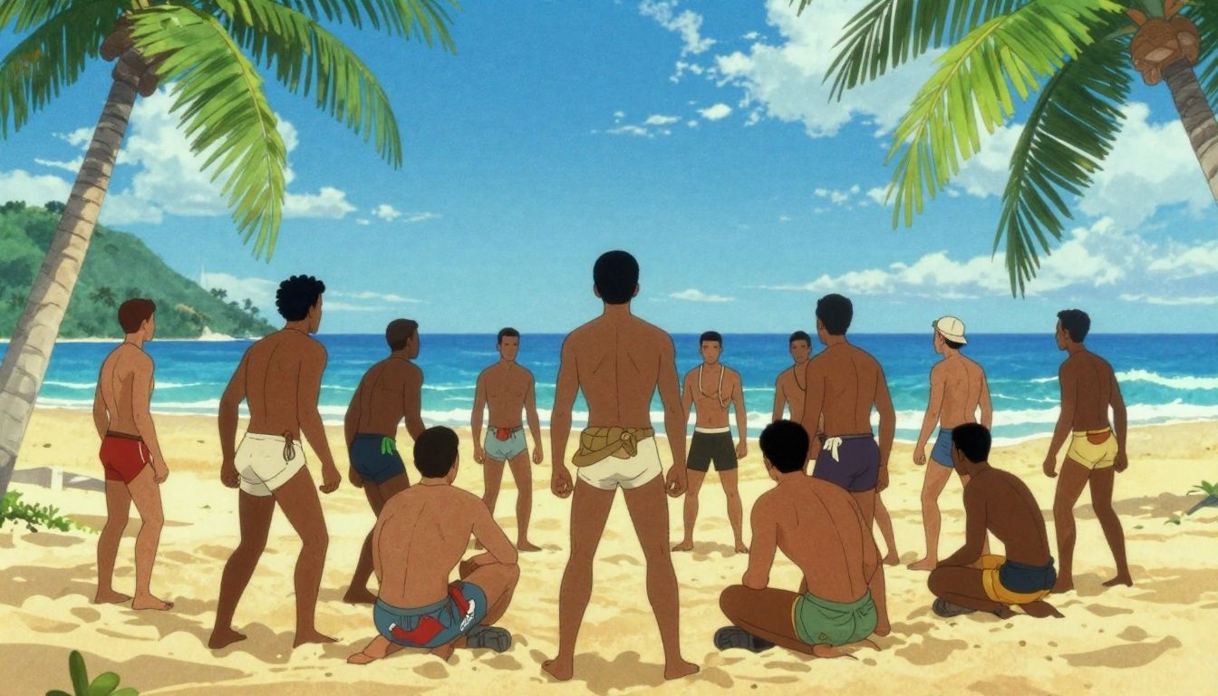 Cena épica de soldados desembarcando em uma praia tropical durante um ataque, com explosões ao fundo e estilo de arte vibrante