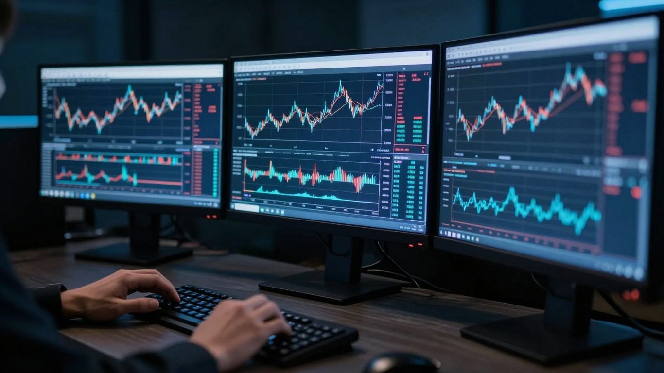 Multiple trading screens showing short-term market activity
