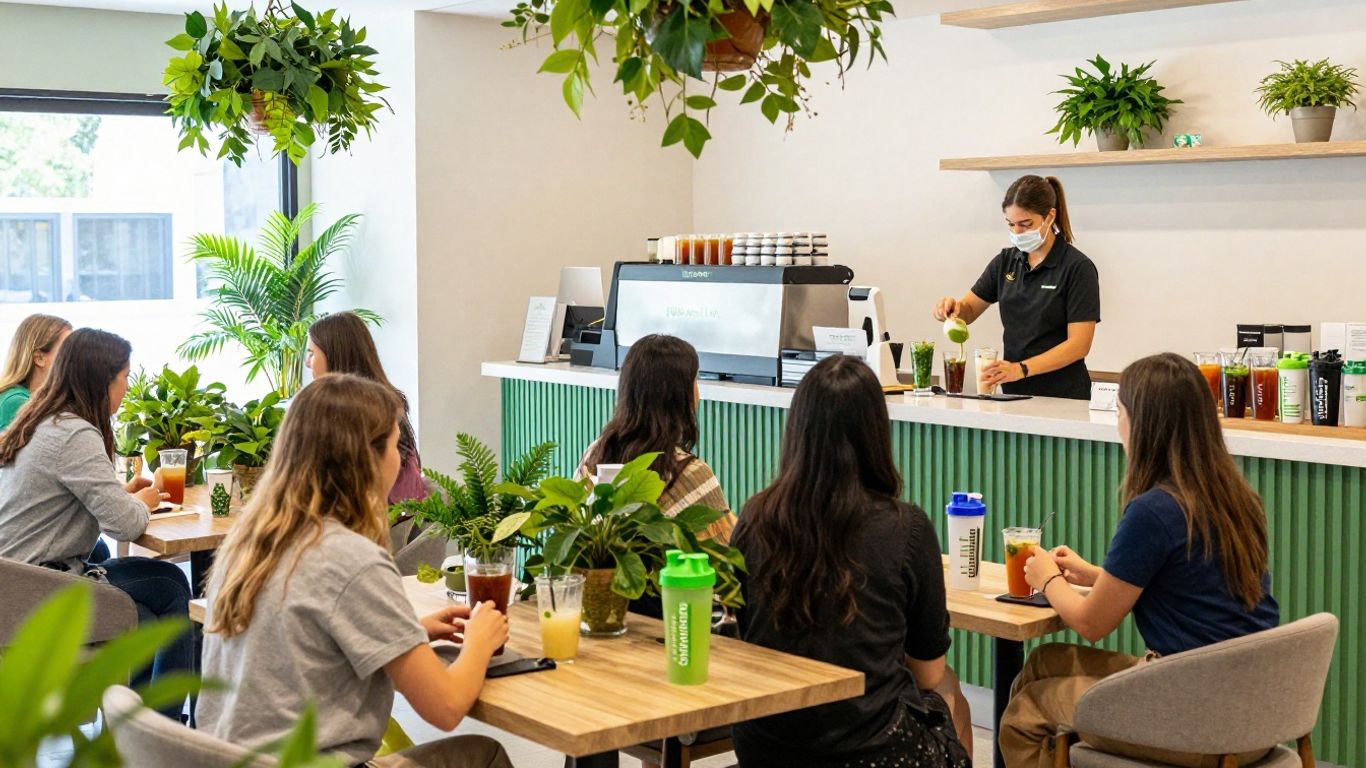 Herbalife nutrition club interior with smoothies and people.