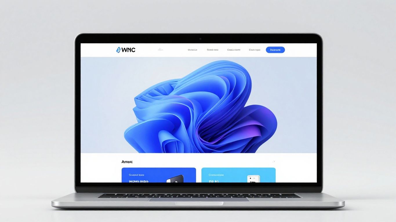 Modern website design on a laptop screen with abstract shapes.