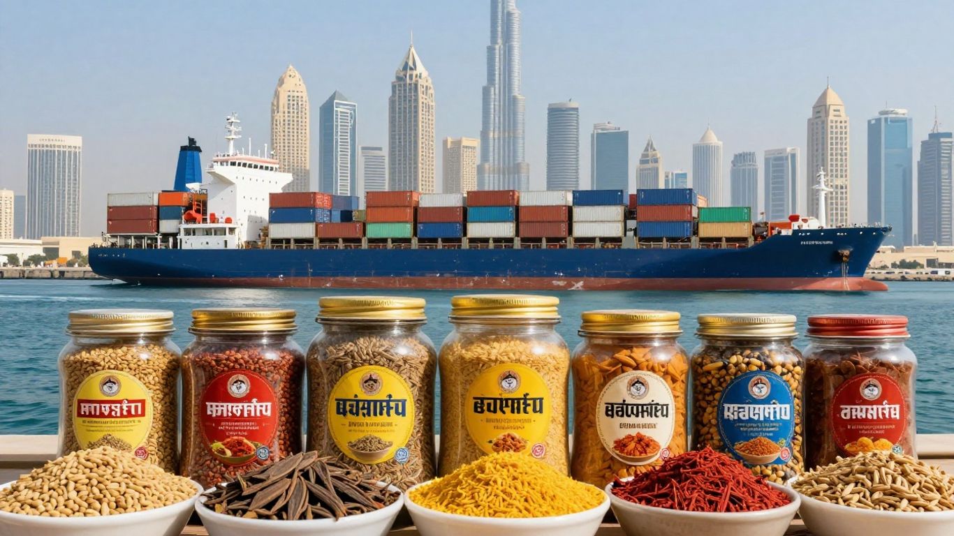 Indian food export to UAE cargo ship and Dubai skyline