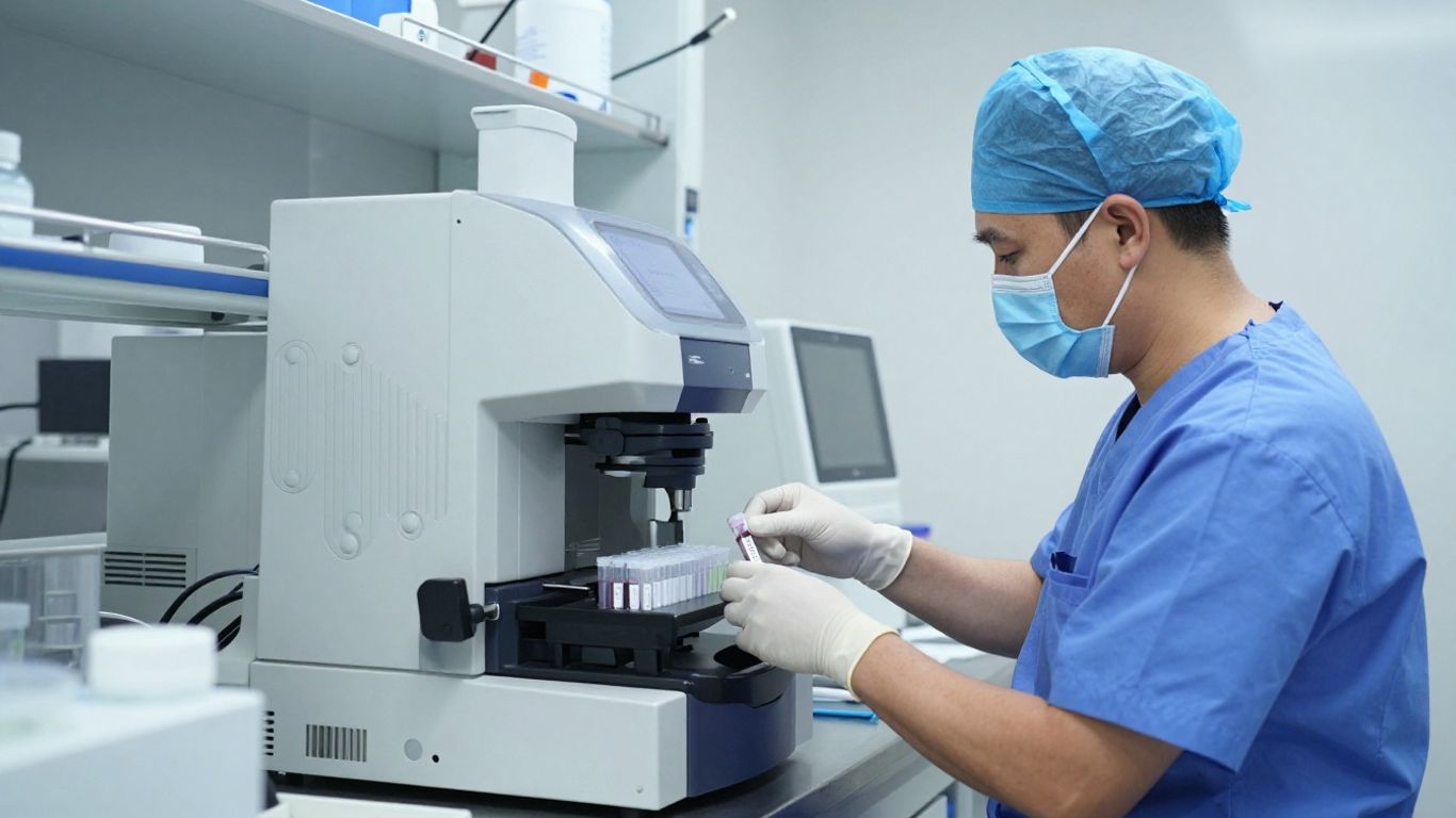 Modern medical laboratory staff handling samples
