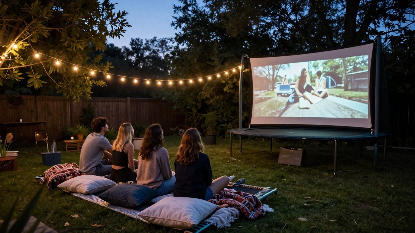 Friends watching a movie projector on backyard trampoline