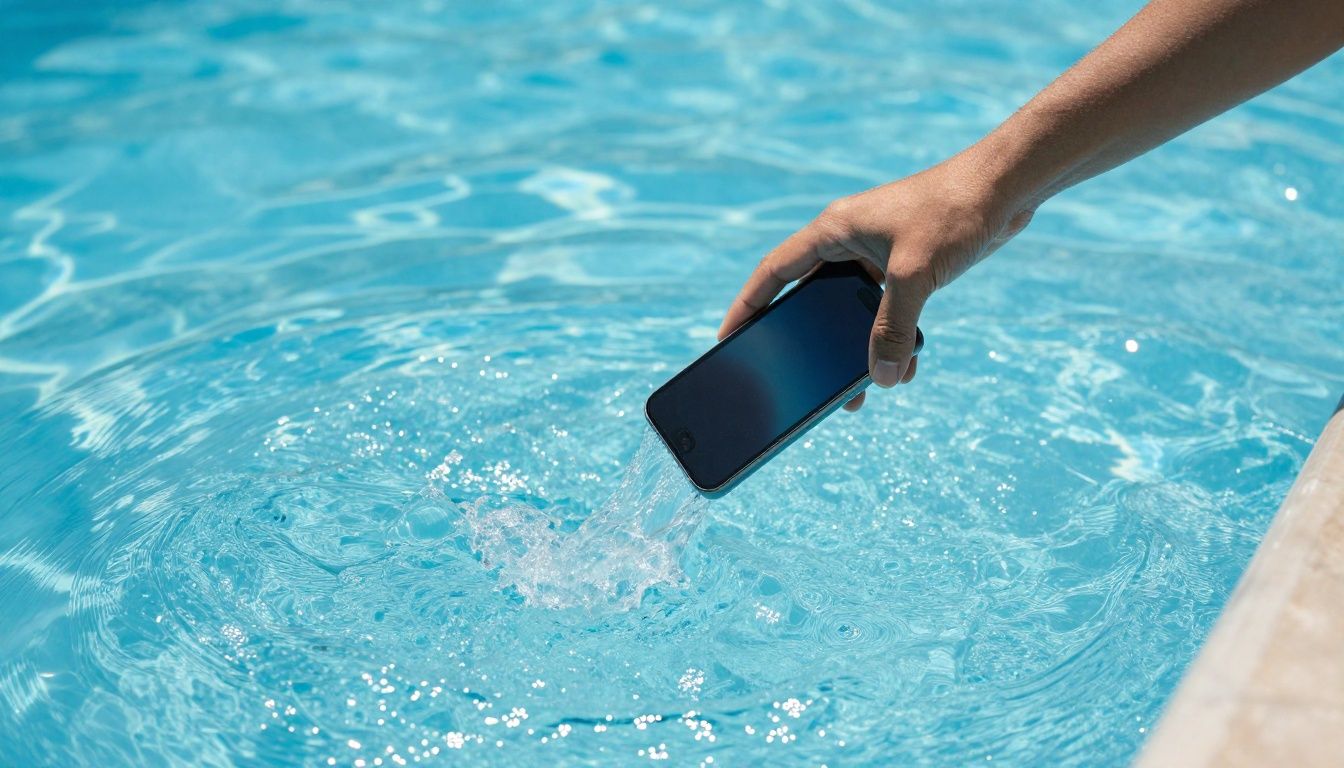 A person's hand reaching for an iPhone that has just slipped and is about to fall into a sparkling blue swimming pool.
