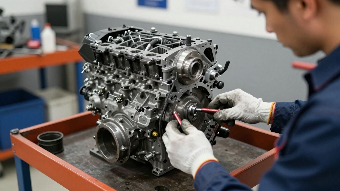 Technician inspecting a replacement engine
