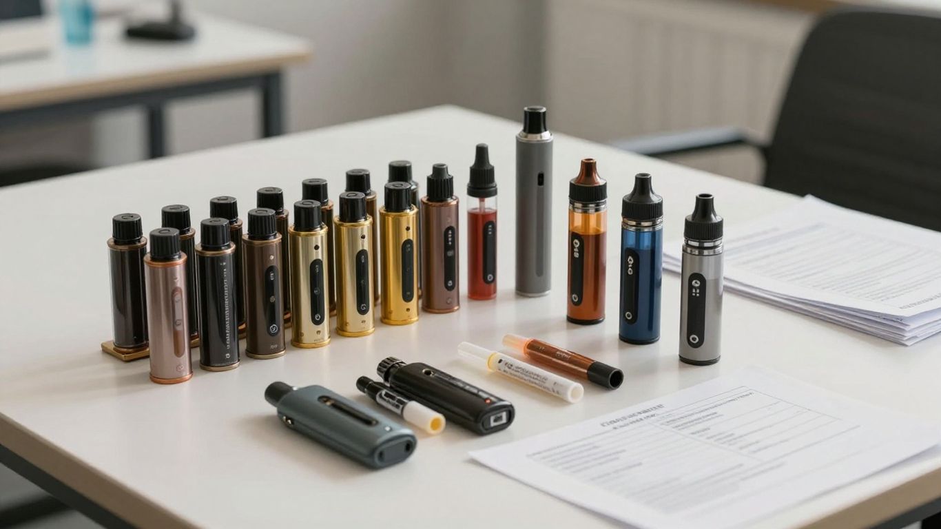 Vape devices and shipping documents on a worktable