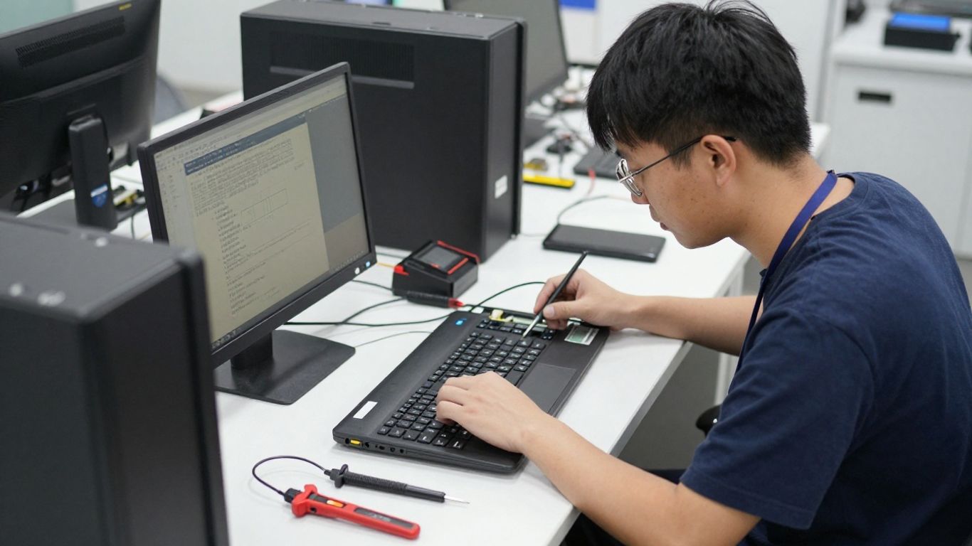 Technician testing computer components at a local repair bench